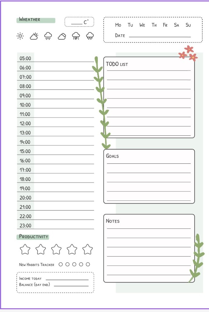 Daily planner left page with schedule, to-do list, goals, productivity, habits and notes